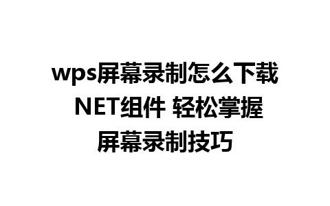 wps屏幕录制怎么下载 NET组件 轻松掌握屏幕录制技巧